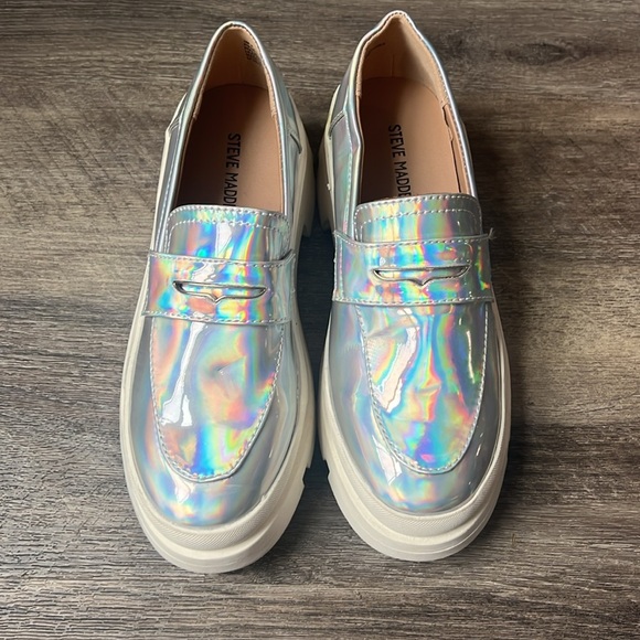 Madden Girl Platforms Lawerence Iridescent Steve Madden Chunky Block Heel Sz 3 % - Picture 2 of 8